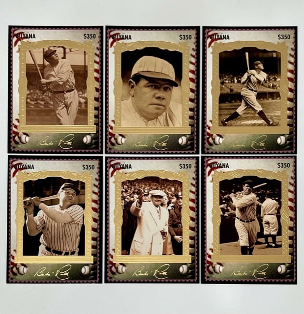 6 Rare BABE RUTH Gold Stamp Autographed Baseball Cards: GROUP B – Lot of 6 Rare BABE RUTH Gold Stamp Guyana Facsimile Autographed Baseball Cards