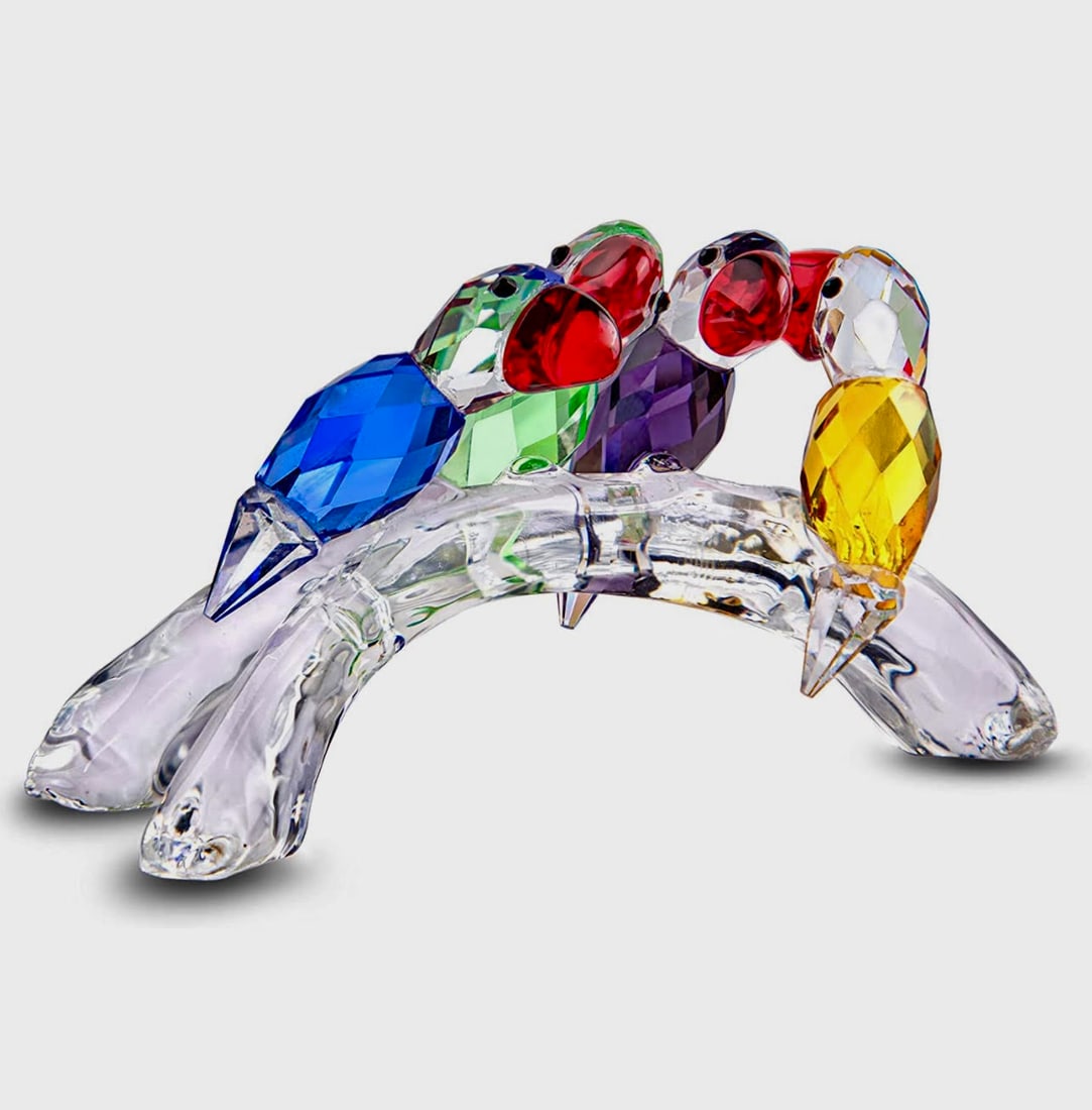 Swarovski style Austrian Colored Crystal Perched Parrakeets: Beautiful Piece in Perfect Condition. Approximately 3.5 to 4 Inches Long.