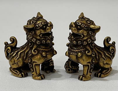 Lot of 2 Early Mini Curio Bronze Pixiu Foo Dog Lions: Lot of 2 Curio Cabinet Metal Bronze Like Chinese Mini Pixiu Foo Dog Lions / Very Ornate / Multiple Photos Posted