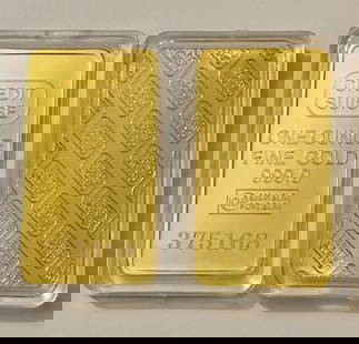 1oz 999 Stamped Credit Suisse Gold Clad Bullion Bar: Encapsulated - NOT GOLD - Gold Clad/Plated - Sold as a Collectible Novelty - Does Not Have any Precious Metal Value - This Listing has a Stock Photo and the Serial Number on the Bar will Not be the sa