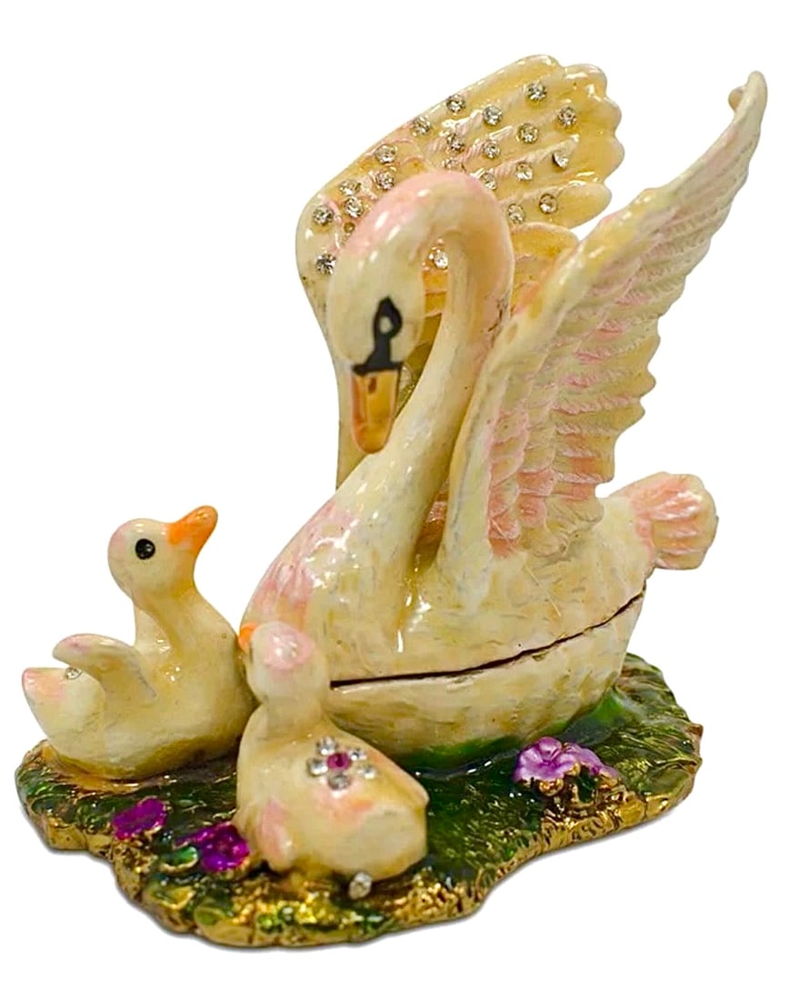 Russian Enameled and Jeweled Swan Family Trinket Box: Gorgeous Piece in Like New Condition – Multiple Photos Posted