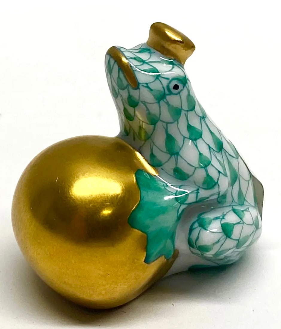 Signed HEREND Hungary Hand Painted Fishnet Porcelain Frog Prince (1 of 3)