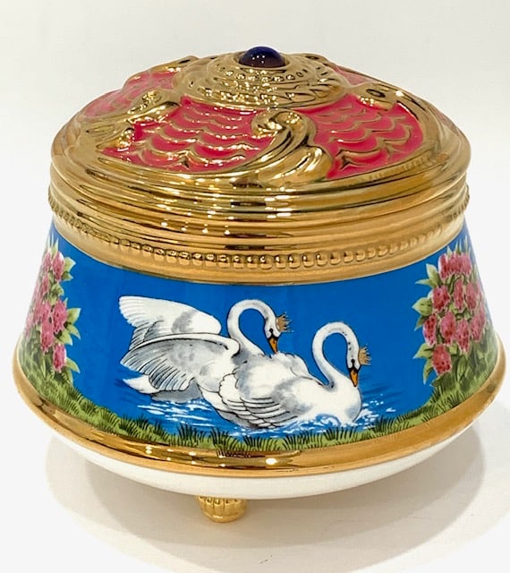 Rare/Signed FABERGE Porcelain Trinket Music Box: SWAN LAKE / Works and Looks Perfect / Hand Painted / Signed House of Faberge / Multiple Photos Posted