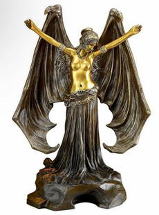 Mistress of the Night Gothic Risque Dark Angel Statue 13in Tall: This Piece was originally designed a 19 th Century Renowned Actress by the Name of Sarah Bernhardt as a Self Portrait of Herself which at the time was considered Risque. It measures approximately 13&r