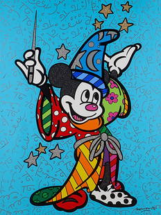 Walt Disney Romero Britto Fantasia Mickey Mouse Art Print on Canvas: 16 X 20 - Does Not Come Framed / Shipped out in a Mailing Tube / This is Not an Original Oil / This is a Decorative Print and Should Not be Purchased as an Investment