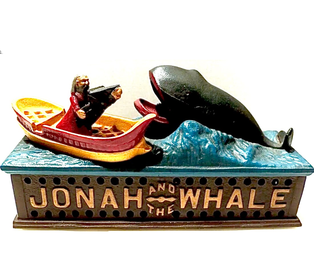 Dated 1890 Jonah and the Whale Working Cast Iron Mechanical Coin Bank: Book of Knowledge - Approximately 10 Inches Long – Great Piece – Although it has it original Patent Date of July 15 1890 it also reads Reproduced from original so this Piece is NOT a period origin