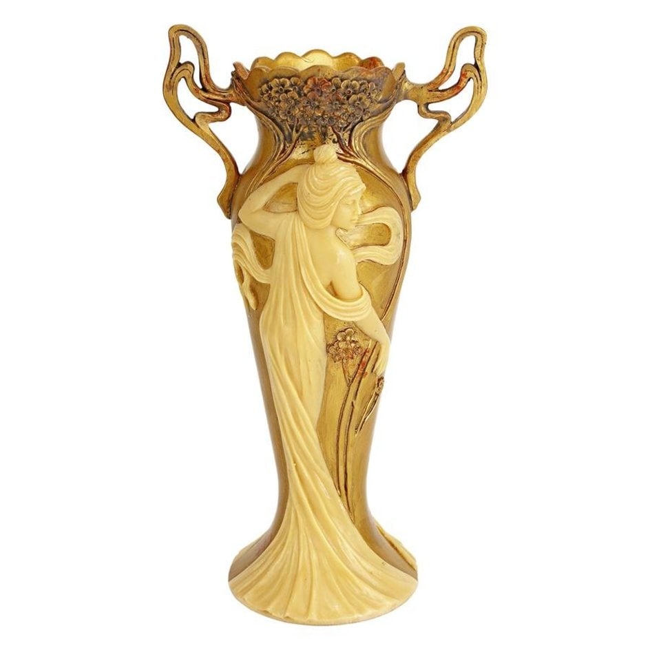 Stunning Art Nouveau embossed Flowing Maiden Vase: This Beautiful Piece was cast directly from a late 19th century original in quality designer resin and finished in faux ivory and gold leaf. It Measures Approximately 12 Inches Tall and Weighs Nearly 