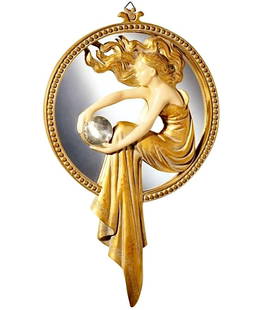 Luis Masriera Art Deco Lady of the Lake Wall Mirror: This Art Deco Wall Mirror was Originally Designed by Renowned Sculptor Luis Masriera. This Wall Mirror Sculpture Features a Beautiful Woman with a Flowing Gold Gown and Faux Ivory Skin. It was recast