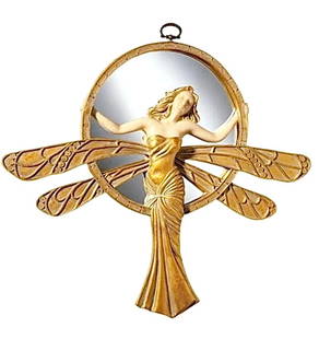 Luis Masriera Art Deco Maiden Dragonfly Wall Mirror: This Art Deco Wall Mirror was Originally Designed by Renowned Sculptor Luis Masriera. It was recast in high quality designer resin and is punctuated with a faux gem and has a Beautiful Antique Look.