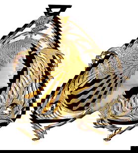 Luis Masriera Peacock Maiden Mirrored Wall Sculpture: This Art Deco Wall Sculpture was Originally Designed by Renowned Sculptor Luis Masriera. It was recast in high quality designer resin and is punctuated with faux gems and hand-painted in shades of gol