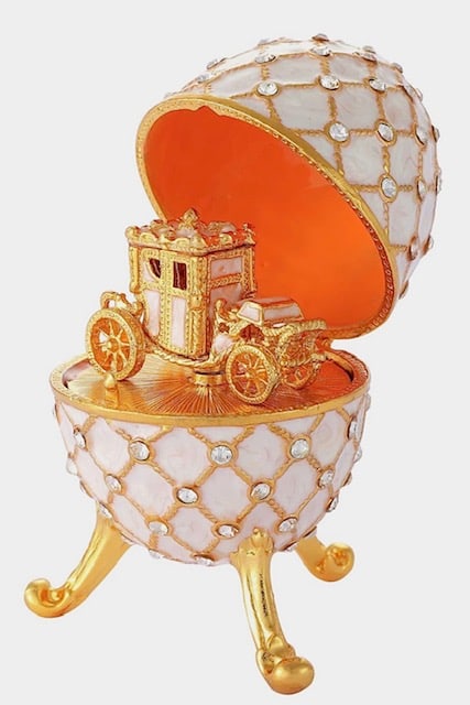 FABERGE Studded and Enameled Egg w/Carriage Inside: This is Beautiful Egg is Highlighted with Stud Inserts throughout and is Fully Enameled / It is an Unsigned Faberge Inspired Russian Egg that Comes with a Removable Magnetic Wedding Carriage/Coach Ins