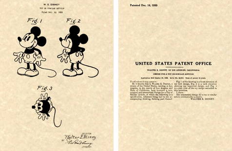 Walt Disney 2pc 1930 United States Patent Print on Parchment Paper: These Prints Measure Approximately 8.5 x 11 and are Printed on Antiqued Parchment Paper. These are Not Originals but are exact copies of the Originals filed in 1930. They Look Great Framed and are a M