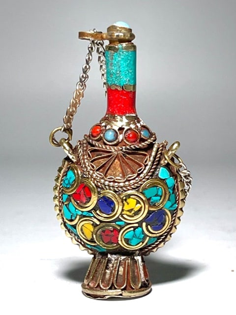 Old Mosaic Turquoise & Coral Chinese Opium Snuff Bottle (1 of 3)