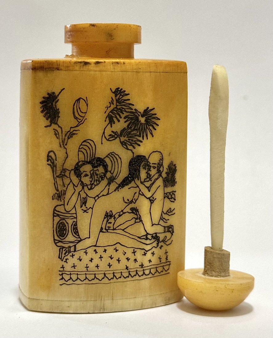 Vintage Chinese Scrimshaw style Erotic Bone Snuff Bottle: 2 Different Erotic Images / Made from Ox Bone / Hand Painted Scrimshaw Style / Great Piece / See all Photos