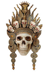 Ornate Balinese God of the After Life Skull Mask Wall Sculpture: Very Ornate Piece in Brand New Condition. Has Never Been Hung. Approximately 14&rdquo; Tall