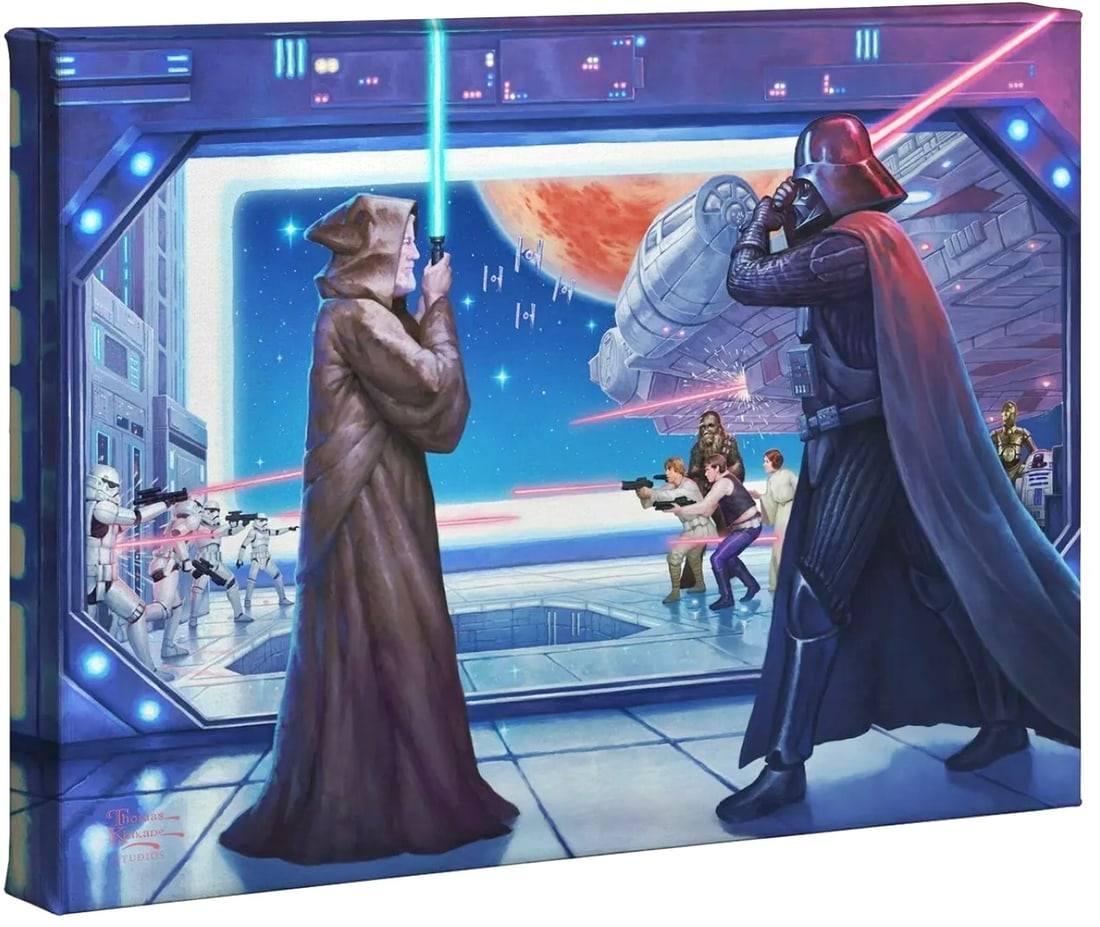 Thomas Kinkade Star Wars Darth Vader vs Obi-Wan Kenobi Canvas Art w/COA: 14 x 10 / Star Wars Darth Vader vs Obi-Wan Kenobi Thomas Kinkade Gallery Wrapped Canvas Art on Wood Frame with COA on Back as Seen in Photos – This has never been hung and is still in its original p