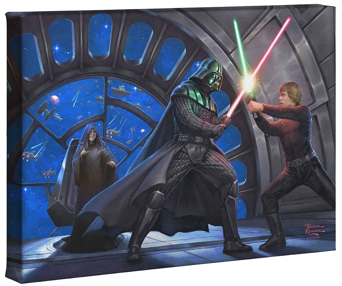 Thomas Kinkade Star Wars Darth Vader vs Luke Skywalker Canvas Art w/COA: 14 x 10 / Star Wars Darth Vader vs Luke Skywalker Thomas Kinkade Gallery Wrapped Canvas Art on Wood Frame with COA on Back as Seen in Photos – This has never been hung and is still in its original p