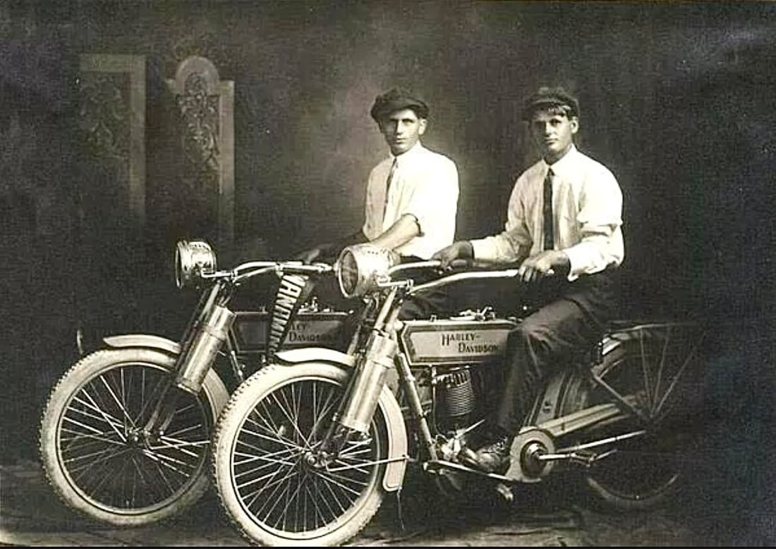 Arthur and Harley Davidson Motorcycles RP Photograph: This is a Photograph of the Harley Davidson Brothers Sitting on one of their Early Motorcycles – This is Not an Original Photograph of the Period – It is a Reprint/RP Photograph