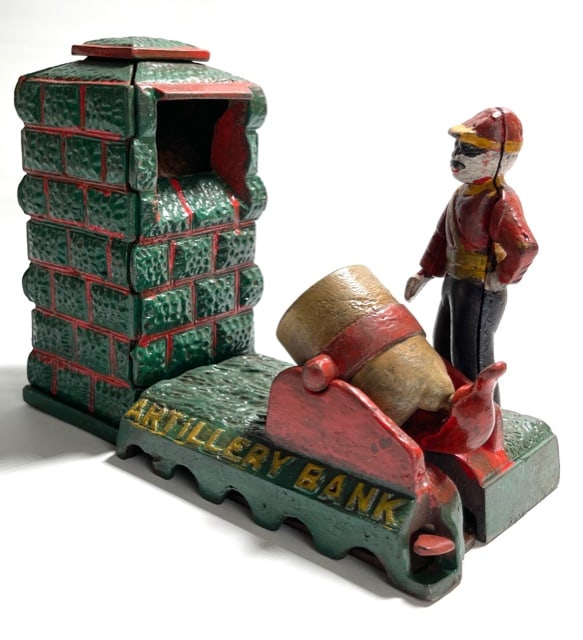 Vintage Artillery Cast Iron Mechanical Coin Bank: Works / Has Great Patina / Multiple Photos Posted / Age of the Bank is Unknown / Sold AS-IS with NO RETURNS