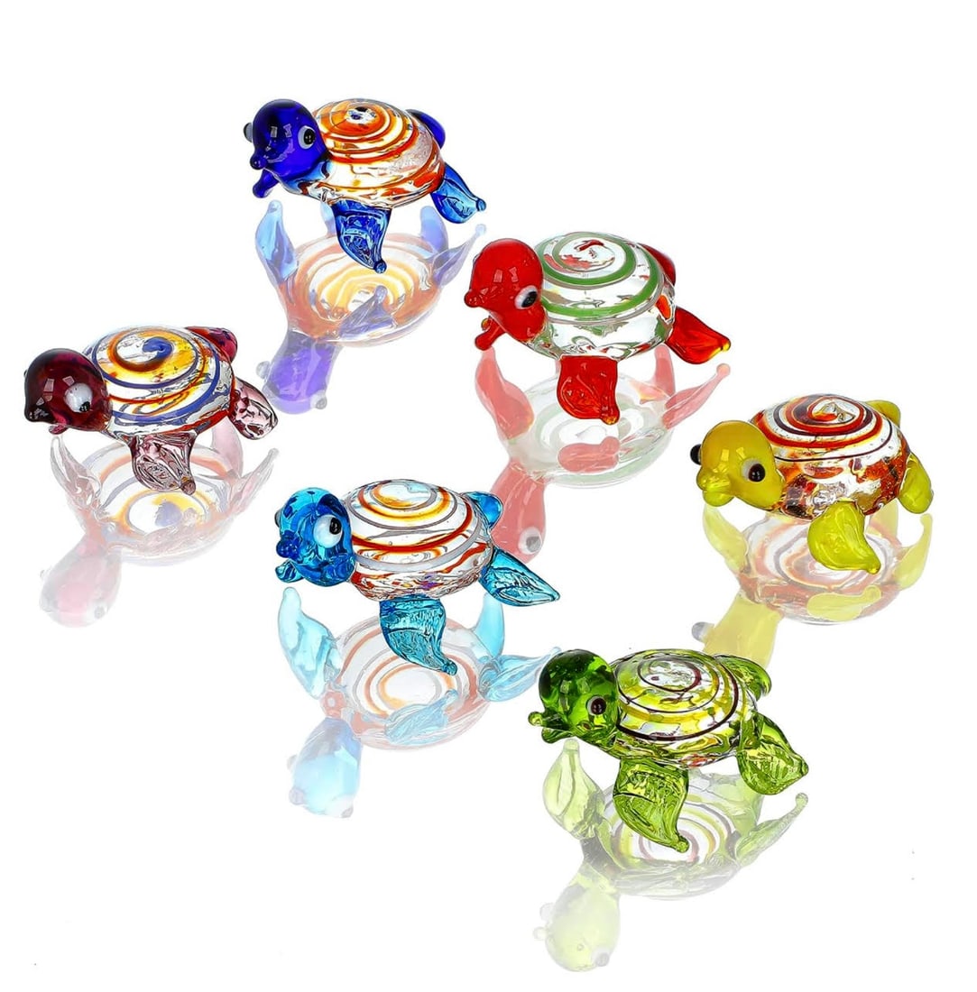 Lot of 6 MURANO Blown Art Glass Mini Multicolor Turtles: Photo taken on Site at Home of Consignor – She had them Displayed in a Curio Cabinet at the and were Never Handled until time Photo was taken - Perfect Condition