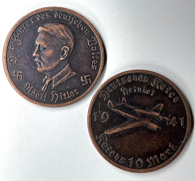 1941 HITLER Nazi 10 Mark German Heinkel Bomber Token: Dated 1941 Nazi 10 Mark Reichs Germany Heinkel Bomber Plane Heavy Copper Token Medallion / Very Ornate Double Sided Imagery / We Do Not Know for Sure whether or Not it is a Period Original Piece there