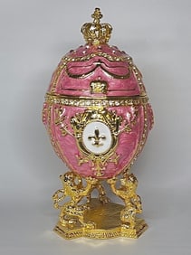 FABERGE Enameled Egg Trinket Box with Lions Display Stand