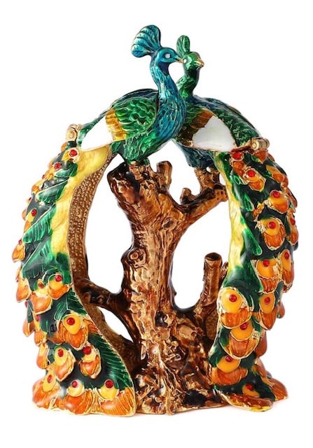Gorgeous FABERGE Enameled Perched Peacocks Trinket Box: FABERGE Inspired Jeweled Twin Peacock Trinket Box with Amazing Colors / Photographs Do Not do this Piece Justice / Multiple Photos Posted