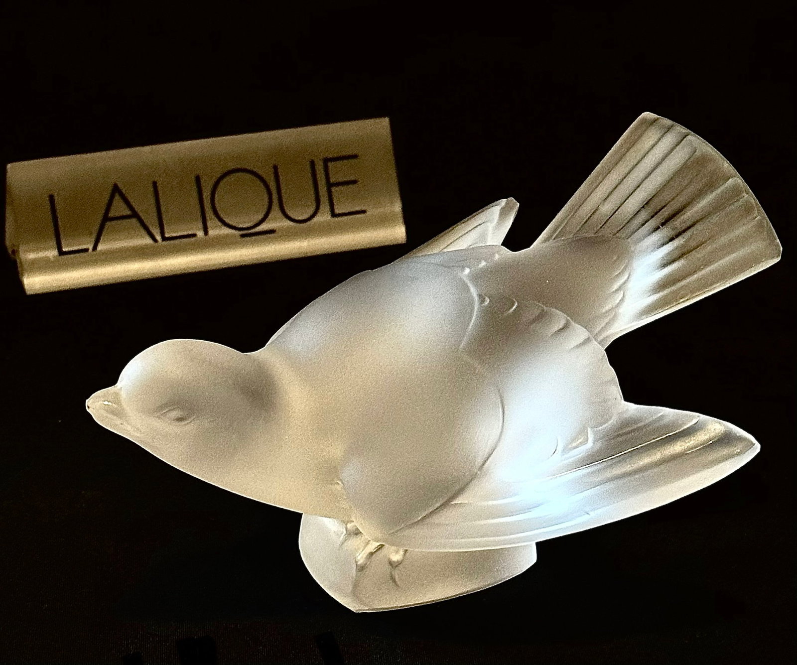 Vintage Etch Signed Lalique France Frosted Crystal Sparrow Bird Figurine: Beautiful condition with no chips, cracks or Repairs of any kind. A couple of Extremely Minor Surface Swirl Scratches typical from Repositioning. We needed a light to notice them. Multiple photos post