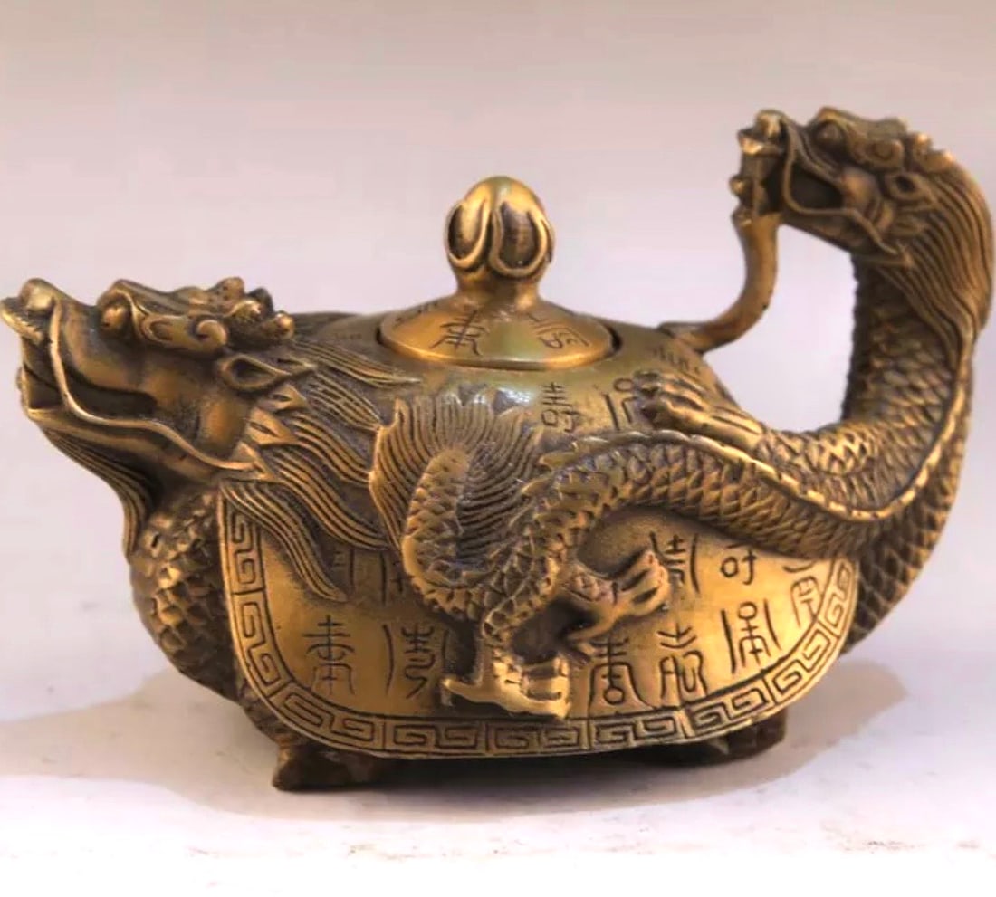 Early Chinese Hallmarked Coppered Bronze Dragon Teapot (1 of 4)