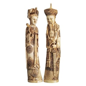 Pair of Faux Mandarin Ivory Chinese Emperor and Empress Statues