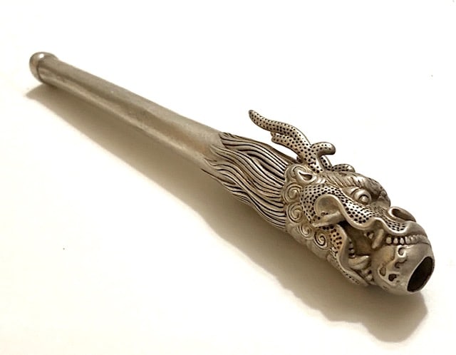 Ornate Chinese Hallmarked Dragon Tobacco Pipe Rod: Extremely Ornate Silver tone Figural Dragon Tobacco Pipe Rod or Cigarette Holder / It is an Awesome Piece / Must See all Photos to Appreciate / This is Untested for Silver Content therefore being Sold