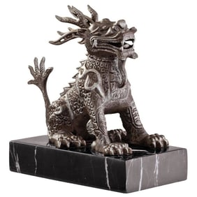 Vintage Cast Iron Tomb Guard Foo Dog Sitting on a Marble Base