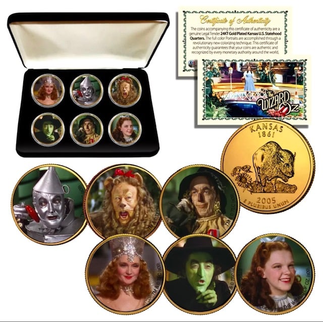 Set of 6 Wizard of Oz 24K Gold Clad Coins w/Box and COA: This is an Authentic Set of Clad Gold Coins issued by The Merrick Mint / They are all the 80th Anniversary Set of Kansas State Quarters and It Comes with the COA and a Velvet Presentation Box