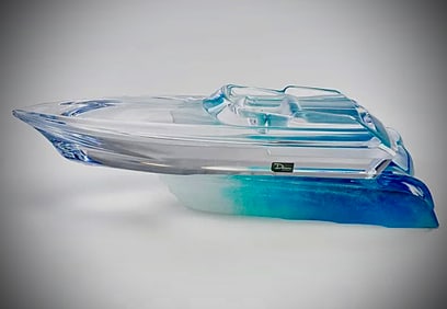 Scarce 17 Inch DAUM Pate De Verre Crystal Monaco Speedway Racing Boat