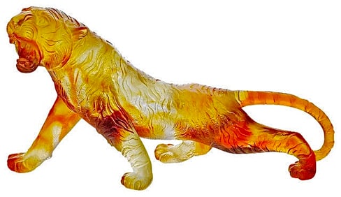 Rare DAUM France Pate De Verre Amber Crystal BENGAL TIGER