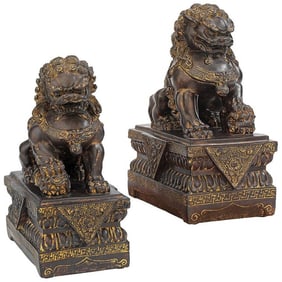 Large Bronze Tone Chinese Guardian Lion Foo Dog Statues