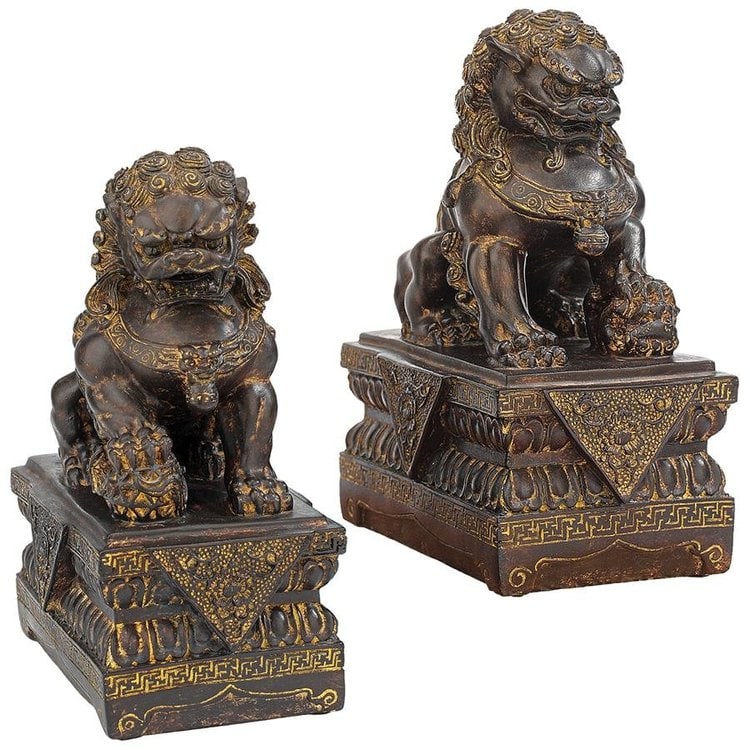 Large Bronze Tone Chinese Guardian Lion Foo Dog Statues (1 of 4)