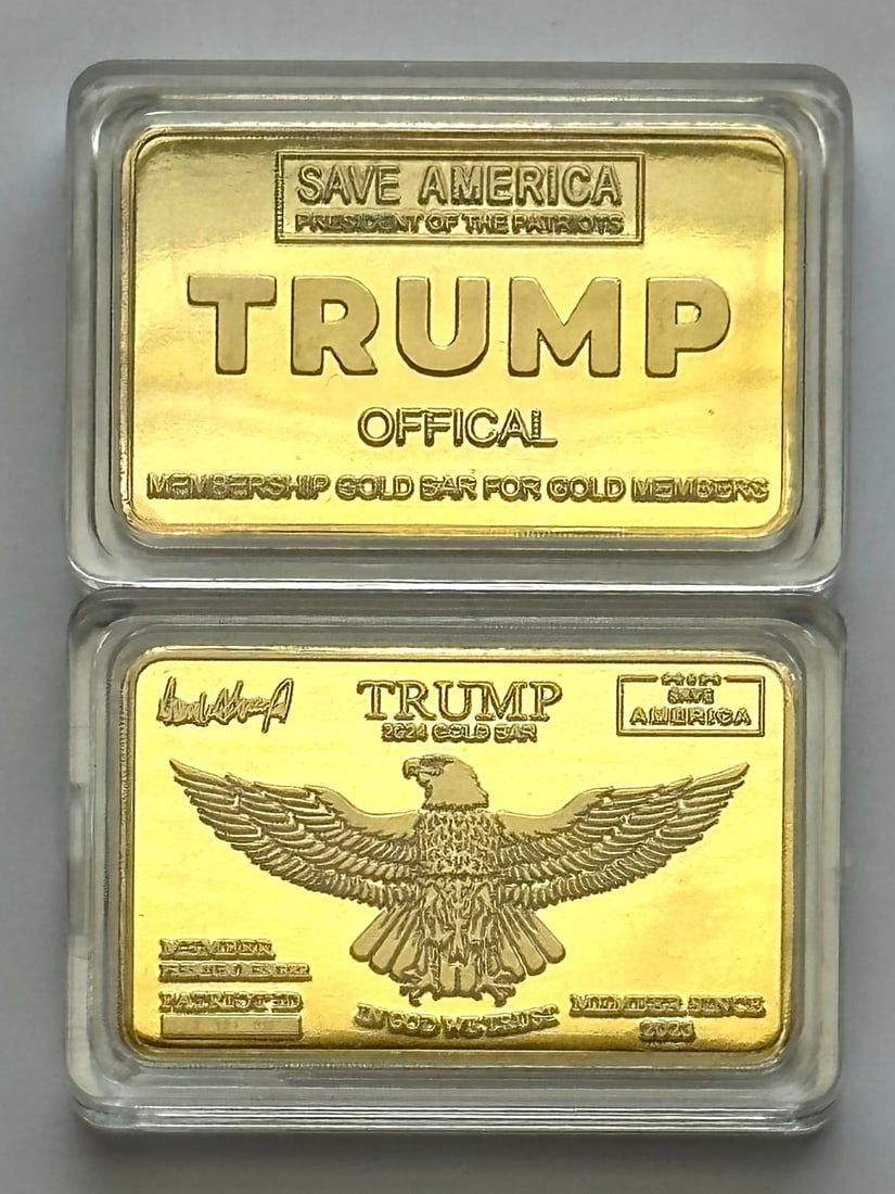 DONALD TRUMP 2024 Save America Premium Member Gold Clad Bar: This is an encapsulated gold clad bar that states as follows. Trump Official Save America President of the Patriots. This is NOT a GOLD BAR. This is simply a gold clad bar that holds NO VALUE in terms