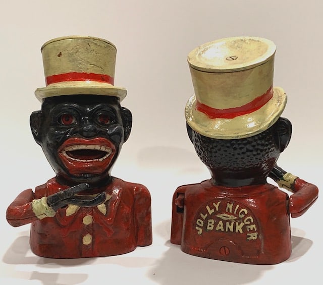 Black Americana Cast Iron JOLLY NEGRO Mechanical Bank: This Mechanical Coin Bank symbolizes a dark part of our History / We Do Not Share the Same Opinion this Piece may Represent / We do not know how old this is but it is NOT a Period Original Piece / See