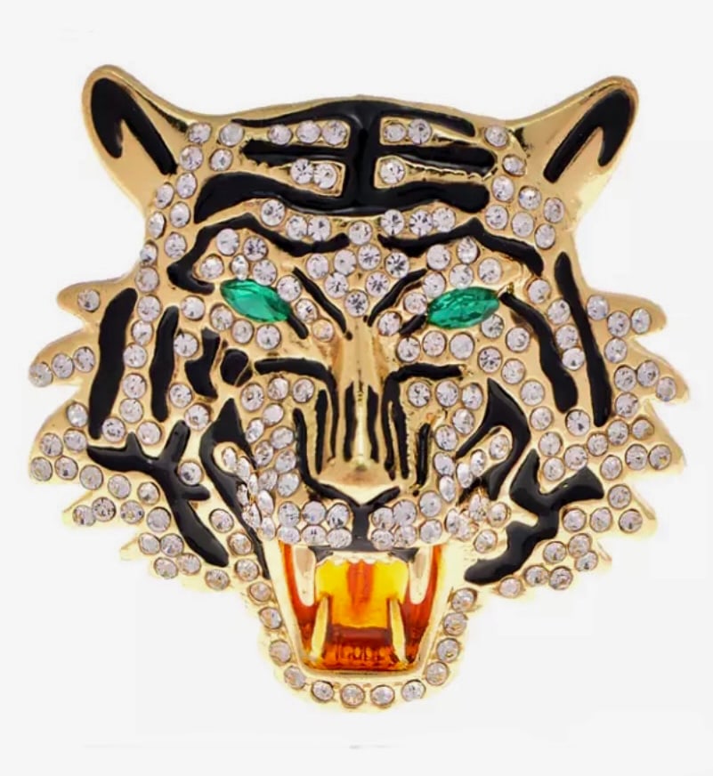 Awesome Gold tone Jeweled TIGER Head Brooch: Beautiful Piece of Costume Jewelry – Never Worn