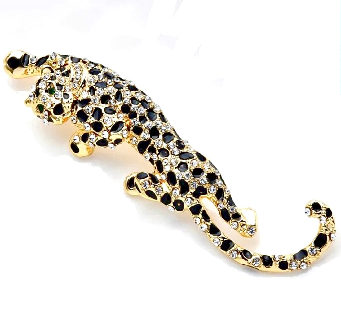 Gorgeous Enameled Gold Tone Leopard Brooch (1 of 2)