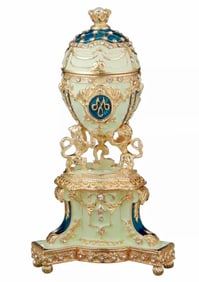FABERGE Inspired Royal Enameled Egg with Gold Gilded Lions Stand