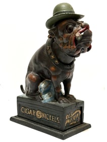 Cast Iron Nickel Cigars Ole Puffer Dog Working Mechanical Coin Bank