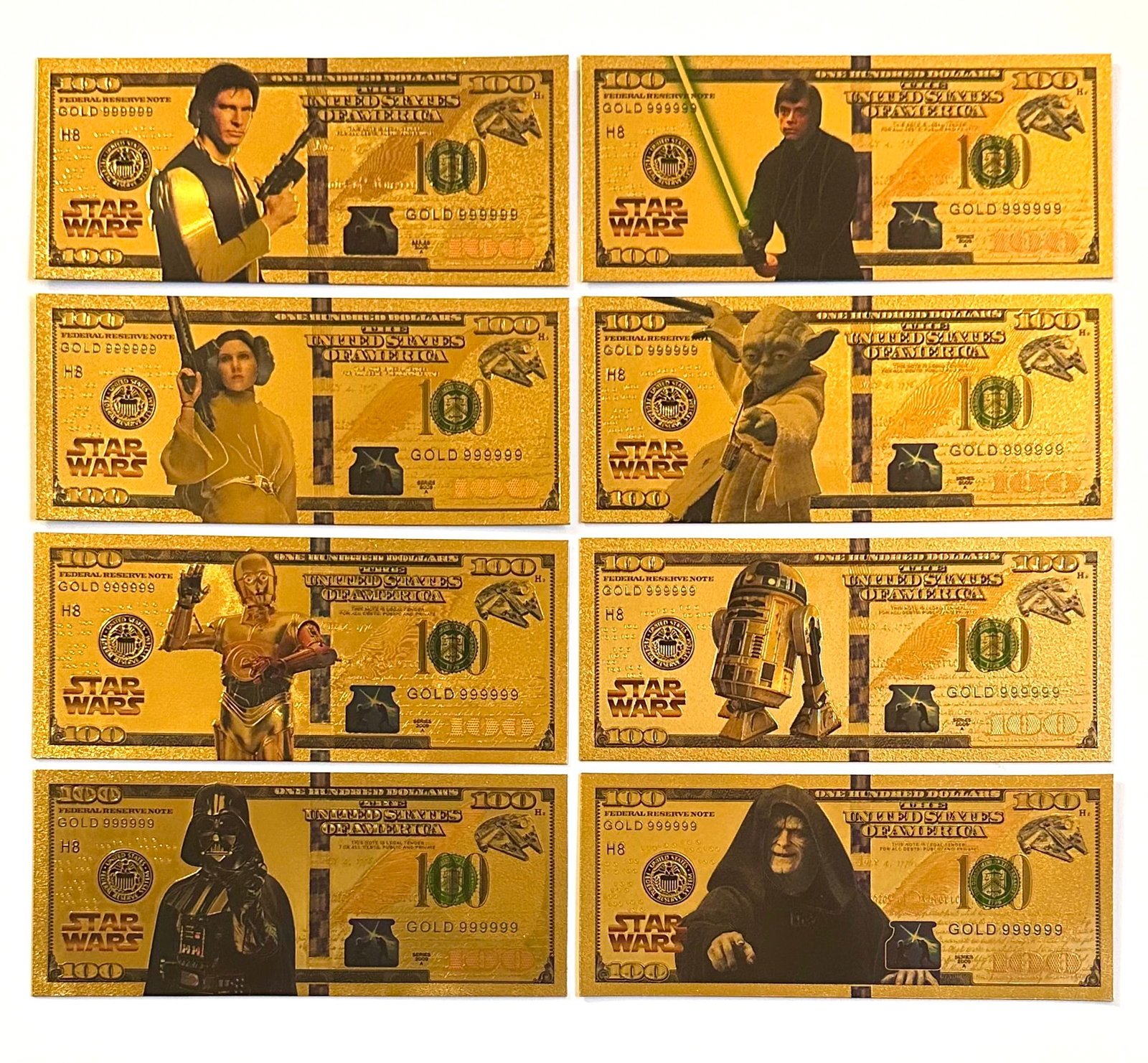 RARE Lot of 8 STAR WARS Gold Clad Collectible Bills – A: Awesome Set of 8 Collectible STAR WARS Gold Clad Banknote Style Bills. Multiple Photos Posted