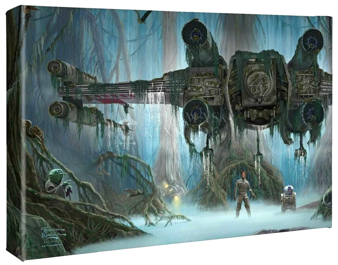 Thomas Kinkade Star Wars Skywalkers Jedi Training Canvas Art w/COA: 14 x 10 / Star Wars Luke Skywalkers Jedi Training Thomas Kinkade Gallery Wrapped Canvas Art on Wood Frame with COA on Back as Seen in Photos – This has never been hung and is still in its original p