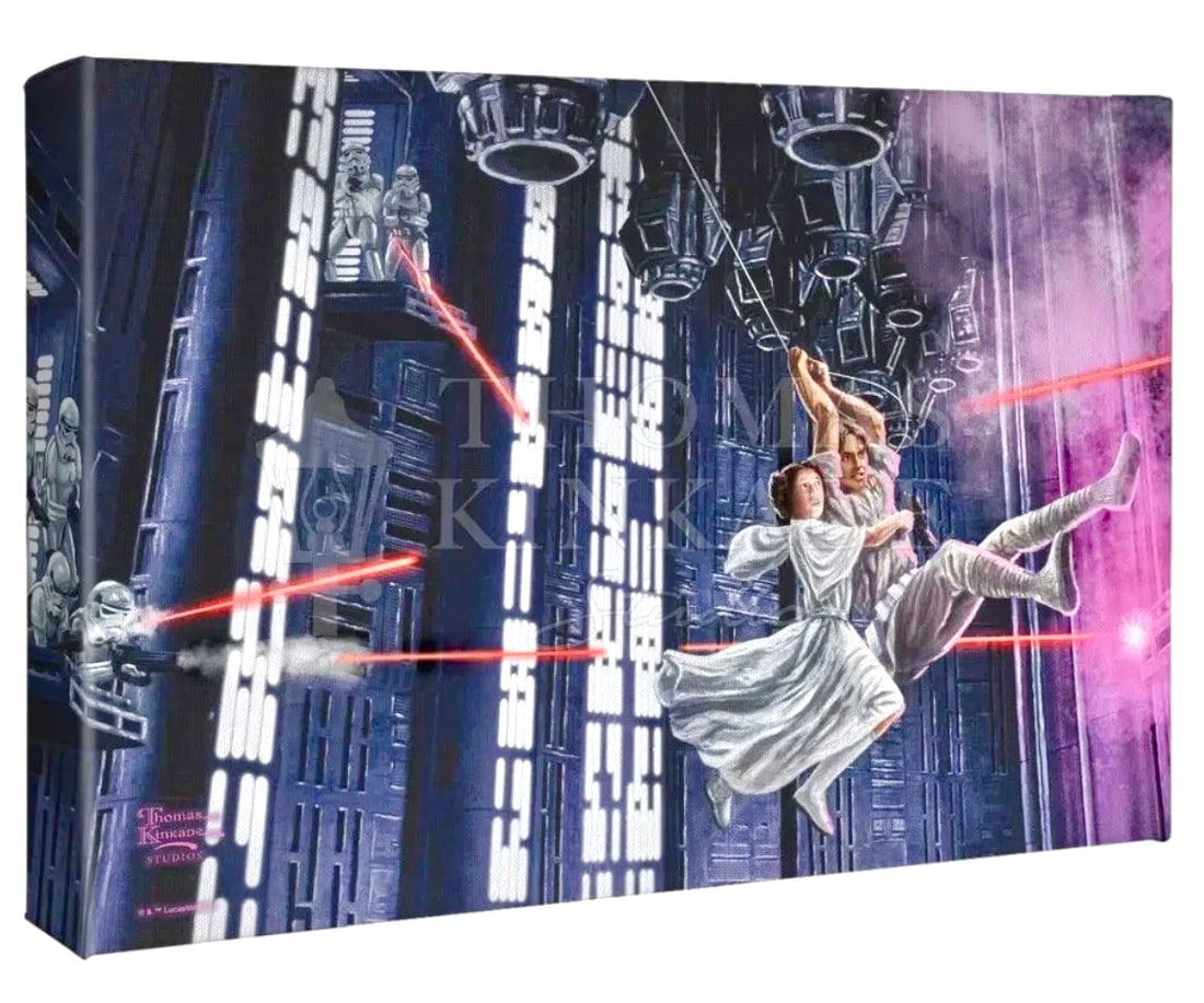 Thomas Kinkade Star Wars LEIA and SKYWALKER Canvas Art w/COA: 14 x 10 / Star Wars Princess Leia and Luke Skywalker Escaping the Death Star Thomas Kinkade Gallery Wrapped Canvas Art on Wood Frame with COA on Back as Seen in Photos – This has never been hung and
