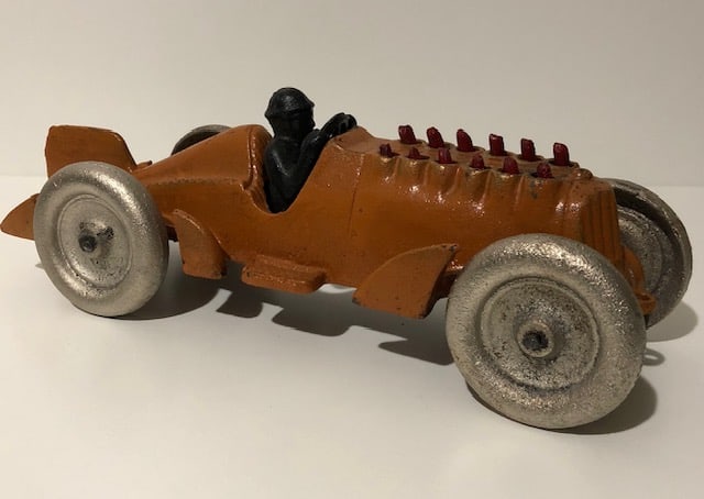 Signed HUBLEY Cast Iron Mechanical Piston Toy Race Car: Nearly 11 inches long / Working Mechanical Pistons / This piece looks aged and is signed Hubley