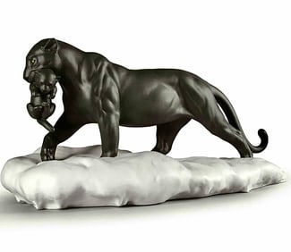 Rare LLADRO 19 Inch Long Porcelain Black Panther with Cub in Original Box