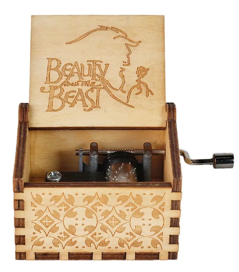 Disney Beauty and the Beast hand engraved wood crank Music Box: Works and Looks New – Note that this is an Old Fashion Crank Music Box / This is Not a Wind up Music Box