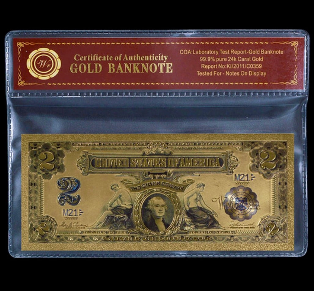 1899 Lab Tested 24k Gold $2 Silver Certificate Banknote: 24k Gold Clad Banknote / Lab Tested for Bank Notes on Display / Not Actual Currency or Period Original / These are Re-Created to Simulate the Originals and are Being Sold as a Collectible Novelty